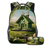 Aggiorna la tua attrezzatura scolastica, zaino con astuccio, perfetto per ragazzi, ragazze, adolescenti, casa croce pasquale verde, Multicolore, B：29.4x20x40cm P：19x7.5x3.8cm, Zaini Daypack