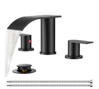 Aggiorna rubinetti per Bagno Nero Opaco a 3 Fori, Rubinetto per lavabo diffuso da 8 Pollici a Cascata con Linee di Scarico e Alimentazione Pop-up, Due Maniglie per vanità, Fattoria, lavandino della