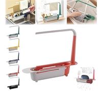 Aggiornato scaffale telescopico per lavello, retrattile 2 in 1, supporto per spugna per lavello da cucina, scolapiatti rimovibile espandibile vassoio di scarico (rosso)