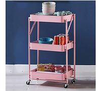 AGHSH Carrello portaoggetti pieghevole a 3 livelli, mensola da bagno con ruote, scaffale mobile con 2 freni, per bagno, cucina, ufficio, rosa