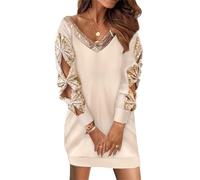 Agiyenna Abito da Donna con Scollo a V Abito Invernale al Ginocchio Abito Corto in Tinta Unita o a Blocchi di Colore Abito Casual a Maniche Lunghe Abito Elegante Ampio con Mezze Maniche sulle Spalle