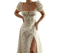 Agiyenna Abito Estivo Maxi Stile Boho da Donna Sexy dal Taglio Basso con Spacco Vita Alta Stampa Floreale Elegante da Spiaggia Maniche a Sbuffo Coulisse Abito Fluido Casual