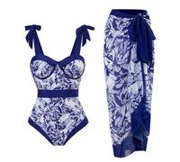 Agiyenna Costumi da Bagno Boho da Donna Completi Bikini Intero con Gonna da Spiaggia Sexy Abito a Due Pezzi Scollo a V Eleganti Volant Controllo della Pancia Intero con Increspature sulla Schiena