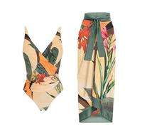 Agiyenna Costumi da Bagno Boho da Donna Completi Bikini Intero con Gonna da Spiaggia Sexy Abito a Due Pezzi Scollo a V Eleganti Volant Controllo della Pancia Intero con Increspature sulla Schiena