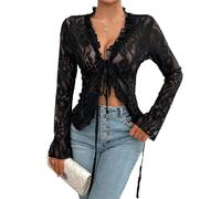 Agiyenna Top in Pizzo alla Moda da Donna Camicetta Sexy con Scollo a V in Rete Top Y2K a Maniche Lunghe Camicia Ampia con Lacci Camicetta Corta Elegante Top Casual Monocromatico Streetwear