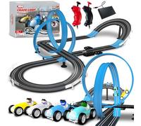 AGM MASTECH Crazy-Loop Slot Car Race Track Set con 4 auto illuminate a LED, pista da corsa elettrica da 5,5 m con loop a 360°, piloti di animali dei cartoni animati, Dual Power, giocattolo per bambini