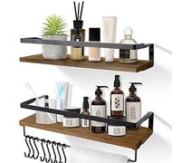 AGM Mensole da Muro, Set di 2 Mensola da Parete in Legno, Profondità 15cm, Barra per Asciugamani & Gancio a S, Bordo Naturale e Superficie Lucida, Mensola Sospesa Rustico, Mensola da Muro