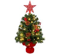 AGM Piccolo albero di Natale con luci, 60 cm, da tavolo, mini albero di Natale con puntale a stella, bacche rosse e pigne, per Natale, casa, cucina, tavolo da pranzo