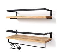 AGM Set di 2 mensole galleggianti da parete, in legno, per camera da letto, bagno, soggiorno, cucina, con 1 barra portasciugamani e 8 ganci a S, carico massimo 15 kg