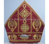 Agnus Dei Ricamo, Rosso Mitre, Mitra,Bishop's Mitre, Nuovo