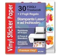 AgoDeo Carta adesiva in vinile semitrasparente stampabile di alta qualità, 30 fogli, formato A4, carta adesiva semi trasparente per laser e a getto d'inchiostro, impermeabile, stampabile, si asciuga