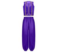 Agoky 2 Pezzi Abito da Aladino Principe Bambini Costume Gilet Lucido con Pantaloni Lanterna in Raso Carnevale Halloween Cosplay Fiaba Arabo Orientale Viola 13-14 anni