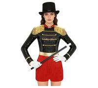 Agoky Costume Circo Donna Kombianzug Lacrobazia Anzuga Con Scaglie Bodysuit Con Maniche Lunghe Fransen Guanti Cappello Bastone Magico Ringmaster Costumi Il Circo Nero 3XL