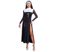 Agoky Costume Monaca Donna Abito Lungo Con Maniche Lunghe E Velo Motivo Croce Classica Cappuccio Monaca Outfit Suore Religiose Halloween Carnevale Festa Nero M