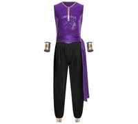 Agoky Costume Sceicco Uomo 2 Pezzi Gilet Lucido con Cintura e Maniche Pantaloni Larghi in Raso Tuta Intera per Travestimento Arabo Indiano Halloween Carnevale Viola Nero S