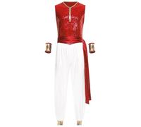 Agoky Costume Sceicco Uomo 2 Pezzi Gilet Lucido con Cintura e Maniche Pantaloni Larghi in Raso Tuta Intera per Travestimento Arabo Indiano Halloween Carnevale Rosso L