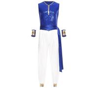 Agoky Costume Sceicco Uomo 2 Pezzi Gilet Lucido con Cintura e Maniche Pantaloni Larghi in Raso Tuta Intera per Travestimento Arabo Indiano Halloween Carnevale Blu reale L