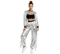 Agoky Donna Set Top Maniche Lunghe E Jogging Rave Metallico Lucido Completo Notte Abbigliamento Da Danza Jazz Streetwear Ballo Argento S