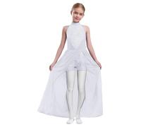 Agoky Ragazza Abito da Ballo Lirico Moderno Senza Maniche in Rete Body da Pattinaggio Artistico Balletto Vestito da Danza Classica Latino Salsa Rumba Dancewear Bianco 15-16 Anni