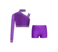 Agoky Set 2 Pezzi Bambina Abito da Danza Moderna Top da Ballo con Strass e Pantaloncini Vita a V Vestito da Ballo Latino Americano Tuta Ginnastica Dancewear A Viola 5-6 Anni