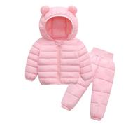 Agoky Tuta da Sci per Bambino Unisex Tute Completo Caldo da Neve con Orecchie d'Orso Set 2 Pezzi Giacca Piumino Invernale con Cappuccio Pantaloni da Sci Inverno Rosa 3-4 anni