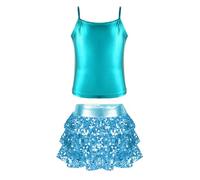 Agoky Tuta Danza Lucido Costume da Danza Bambina Ragazza Completi 2 Pezzi Crop Top a Manica Lunga Pantaloncini Gonna Culottes Tuta da Ballo Jazz Competiizione Dancewear A Blu Verde 5-6 Anni