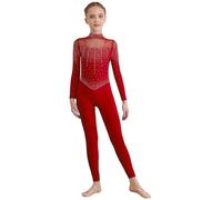 Agoky Tuta Intera da Pattinaggio Artistico Bambina Maniche Lunghe con Strass Body Danza Classica Balletto in Rete Trasparente Leotard da Ginnastica Yoga Jumpsuit B Borgogna 9-10 anni