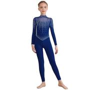 Agoky Tuta Intera da Pattinaggio Artistico Bambina Maniche Lunghe con Strass Body Danza Classica Balletto in Rete Trasparente Leotard da Ginnastica Yoga Jumpsuit B Blu scuro 9-10 anni