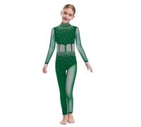 Agoky Tuta Intera da Pattinaggio Artistico Bambina Maniche Lunghe con Strass Body Danza Classica Balletto in Rete Trasparente Leotard da Ginnastica Yoga Jumpsuit A Verde 13-14 anni