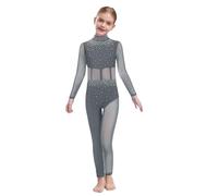 Agoky Tuta Intera da Pattinaggio Artistico Bambina Maniche Lunghe con Strass Body Danza Classica Balletto in Rete Trasparente Leotard da Ginnastica Yoga Jumpsuit A Grigio 11-12 anni