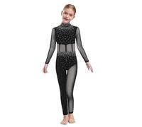 Agoky Tuta Intera da Pattinaggio Artistico Bambina Maniche Lunghe con Strass Body Danza Classica Balletto in Rete Trasparente Leotard da Ginnastica Yoga Jumpsuit A Nero 7-8 anni