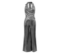 Agoky Tuta Lucida da Donna Senza Schiena Jumpsuit Pantaloni a Gamba Larga Metallizzata per Feste Discoteca Rave Costume Carnevale Vintage Anni '70 Argento XXL