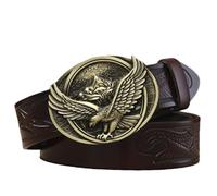 AGUTALITHIC Cintura Western da Uomo con Fibbia Ovale in Ottone Spazzolato Aquila Incisa, Cinturino in Rilievo con Bandiera Eagle in Vera Pelle(110cm/43, Coffee)
