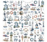 AHANDMAKER 12 fogli adesivi a tema nautico, decorazione per finestre a tema oceano con fari, navi e vita marina, per amanti del mare, esigenze di decorazione per la casa e le feste, 14 x 14 cm