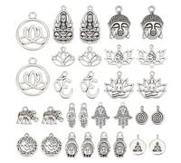 AHANDMAKER 150 ciondoli in lega in stile tibetano, a forma di loto, Buddha, mano di Fatima, elefante, rotondi piatti, per artigianato fai da te, bracciali, collane, orecchini, portachiavi e gioielli