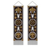 AHANDMAKER 2 arazzi con cartello dei vichinghi, stile vintage, nero e oro, lungo arazzo verticale da appendere alla parete, con albero della vita, nappa, per camera da letto, soggiorno, casa, ufficio