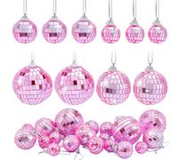 AHANDMAKER 30 palline da discoteca rosa, 4 stili, mini sfere a specchio, ornamenti da appendere con corda in schiuma e vetro riflettente, decorazioni per feste di compleanno, matrimonio, danza