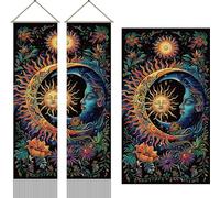 AHANDMAKER Arazzo da parete con sole e luna, motivo floreale psichedelico, lungo, verticale, da appendere alla parete, stile vintage, con nappe, per camera da letto e soggiorno (110 x 33 cm)