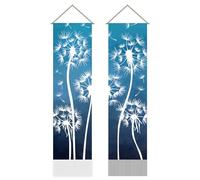 AHANDMAKER Arazzo lungo verticale con motivo dente di leone, 2 pezzi, arazzo lungo con fiore desiderato, blu e bianco, con nappa taraxacum, arazzo mistico estetico (45,7 x 13,(5) cm)