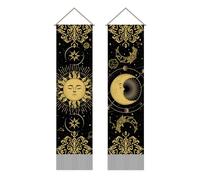 AHANDMAKER Confezione da 2 Arazzi Sole & Luna, Arazzo Costellazione & Universo, Colore Nero Mistico e Oro, Arazzo Sole & Luna con Nappe, Arazzo da Appendere per Camera, 33 x 129 cm