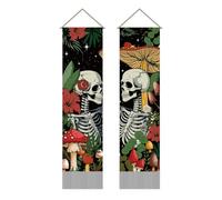 AHANDMAKER Set di 2 arazzi d'amore scheletro fungo cranio arazzo mistico floreale pianta fiore pompon arazzo murale da appendere per camera da letto 33 x 130 cm