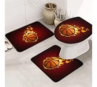 Ahdyr 3 pezzi tappeti da bagno set passione pallacanestro rosso fiamma atletica sport ultra morbido antiscivolo tappeto contorno tappetino e coperchio -