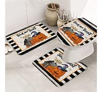 Ahdyr 3 pezzi tappeti da bagno set tappetino da bagno Happy Halloween smorfia zucca cappello da strega carino fantasma corvo striscia nera tappetino di contorno ultra morbido e coperchio per v a a