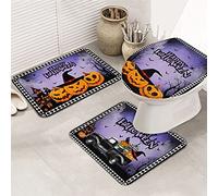 Ahdyr 3 pezzi tappeti da bagno set tappetino da bagno Happy Halloween smorfia zucca cappello da strega pipistrello ragno castello mistero viola ultra morbido contorno tappetino e coperchio per v a