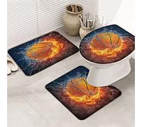 Ahdyr 3 pezzi tappetini da bagno set fresco 3D pallacanestro acqua con fuoco fiamma fulmine tappetino contorno ultra morbido e copertura per v a a e bagno-