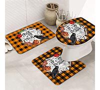 Ahdyr 3 pezzi tappetini da bagno set tappetino da bagno dolcetto o scherzetto halloween zucca carina corvo muppet teschio arancione a quadri ultra morbido tappetino di contorno e coperchio per v a