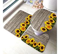 Ahdyr Girasoli Tappeti da Tappetini Set 3 pezzi Tavole di legno Fiori che sbocciano Verso il sole Autunno Set di tappetini da bagno, Tappeto da + da a forma di U + Copriwater T