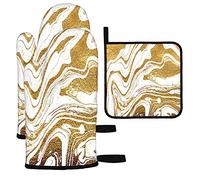 Ahdyr Golden Swirl Guanti da forno e presine Set di 3 guanti da cucina in marmo giapponese in oro bianco spazzola resistente al calore per cucinare barbecue