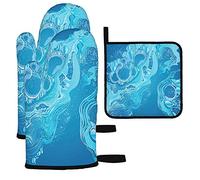 Ahdyr Guanti da forno e presine per spruzzi d'acqua Set di 3 Gocce di pioggia a bolle blu Flusso Oceano Mare Cucina Guanti resistenti al calore Pad per cucinare barbecue
