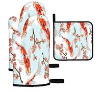 Ahdyr Guanti da forno per pesce e presine Set di 3 guanti da cucina giapponesi a forma di pesce floreale fiore ramo di un albero guanti resistenti al calore per cucinare barbecue